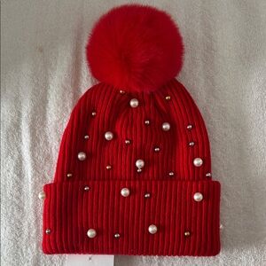 Red Beanie with Pom Pom With Pearl, Silver and Gold accents RED